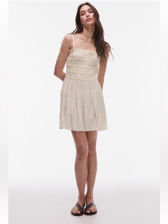 Topshop Dresses & Skirts - Topshop NWT ivory/cream/nude Shirred Bodice Mini Dress, Tie Straps, “crepe”